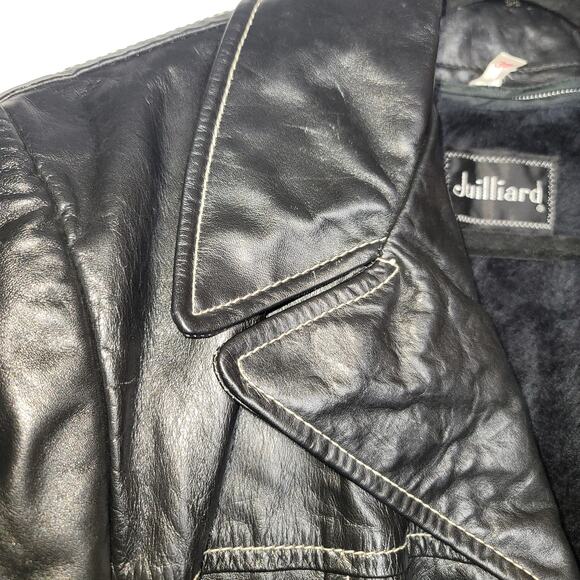 Juilliard Leather Vintage 1970 Lg. Lapel black white stitching Sz 38 Coat Jacket - Picture 2 of 10